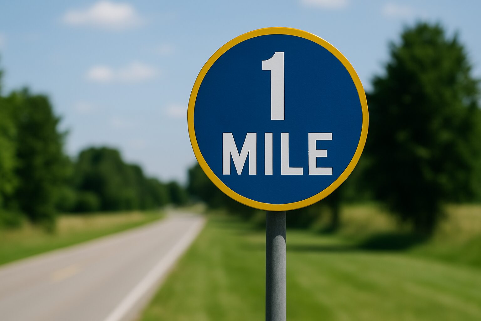 「1 MILE」と書かれた青い標識が田舎道沿いに立っている様子