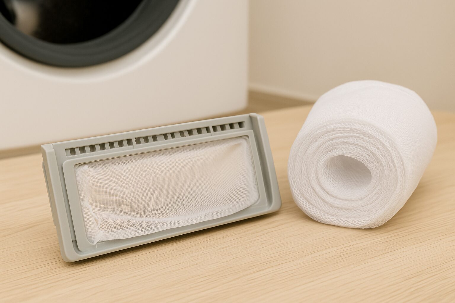 洗濯機の近くに置かれたゴミ取りネットの代用品として使われる小さな白いネット袋と、100円ショップで購入できる固定用クリップのイメージ