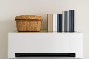 冷蔵庫の上に置かれたフタ付きのカゴと整然と並んだ本