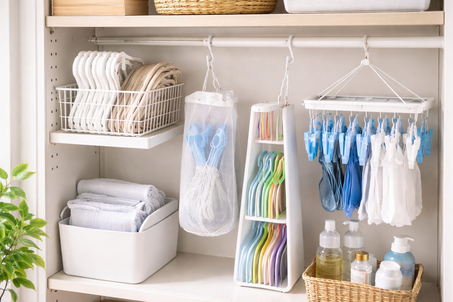 洗濯ハンガーを立てて整理し、絡まり防止収納をしている様子