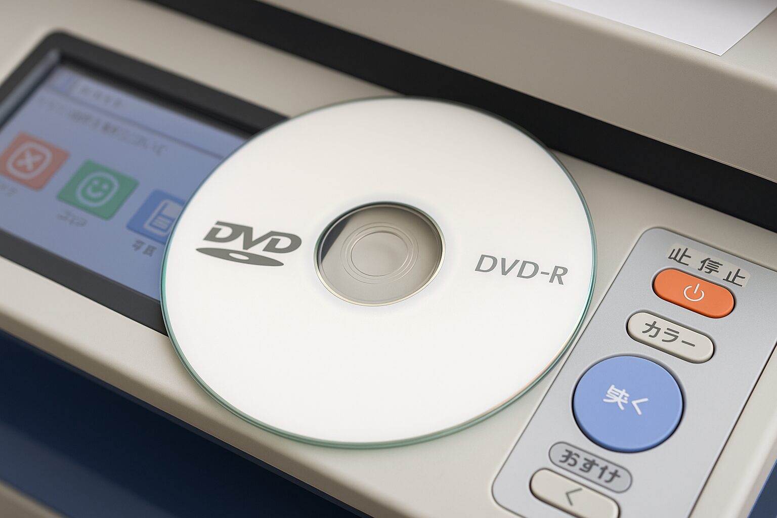 コンビニのコピー機とDVDディスクが並んでいる様子。印刷準備中の場面をイメージした構図。