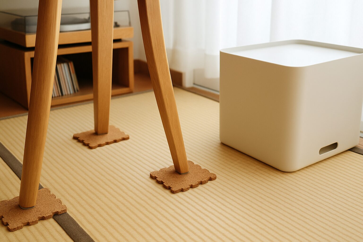 畳の上に家具の脚と保護用のクッションが設置されている様子。畳の凹みを防ぐためのグッズ使用例。