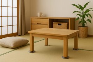 畳の上に配置されたローテーブルと座布団。家具脚には凹み防止パッドが取り付けられている