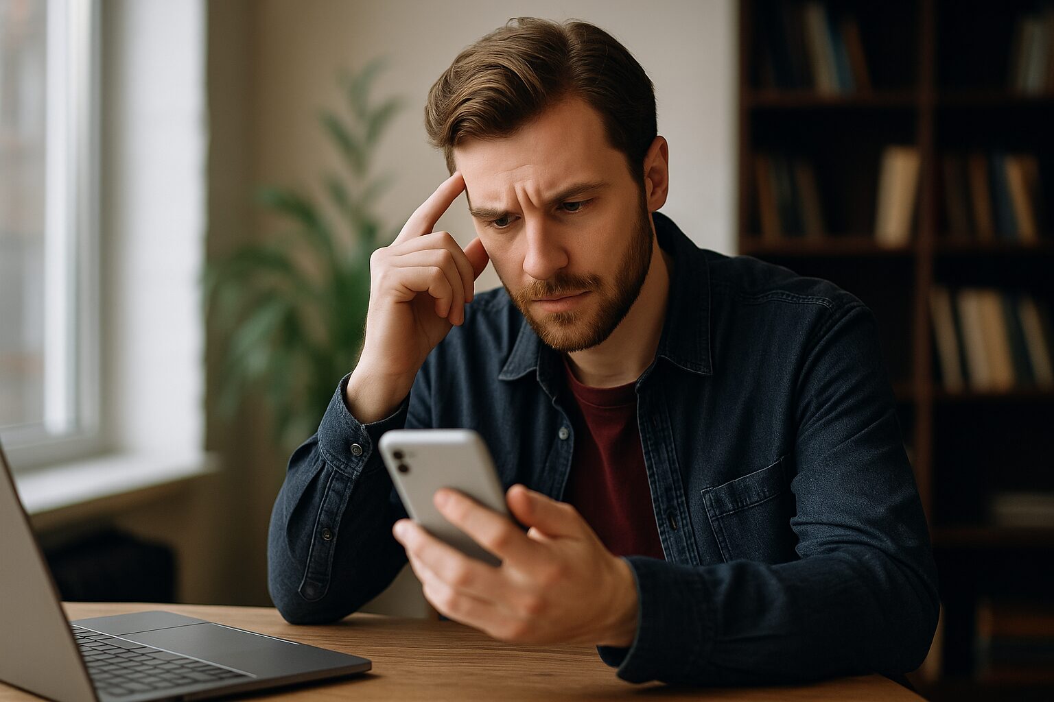 スマートフォンを見つめて考え込む若い男性が、自宅のテーブルでSNSを確認している様子