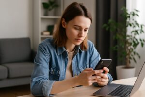 スマートフォンの画面を真剣に見つめる女性。SNSの投稿状況を確認している様子
