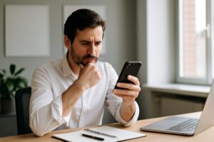 スマートフォンの画面を真剣に見つめ、原因を考える男性。静かな室内でSNSの不調を確認している様子。