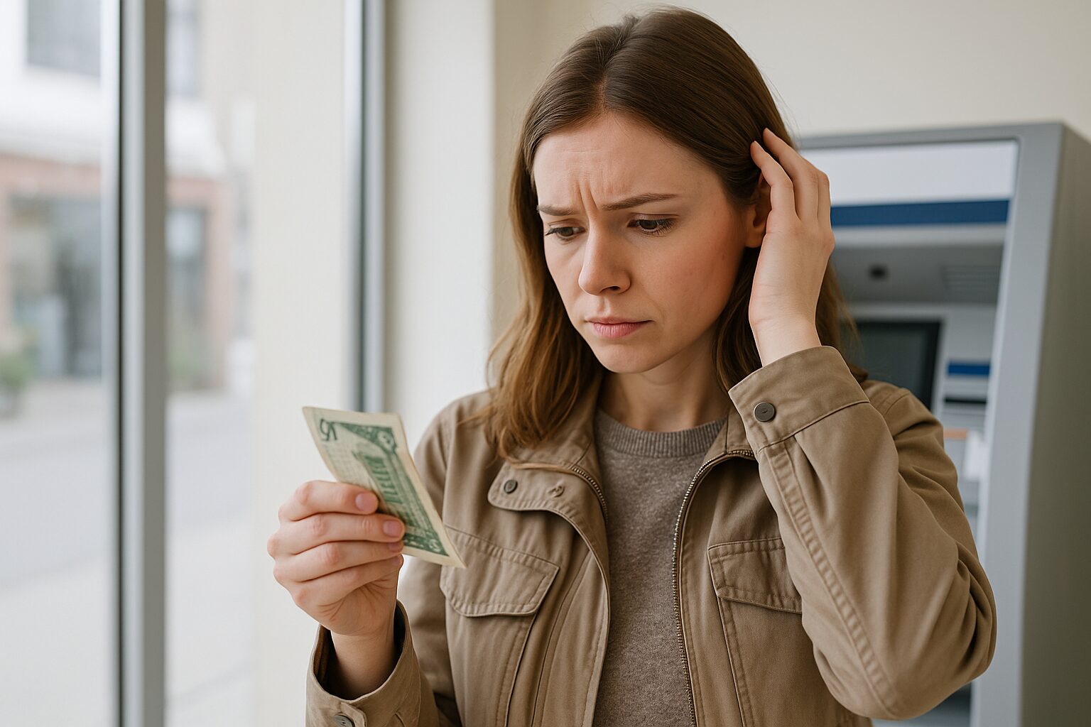 ATMの前で破れた紙幣を手にし、困った表情を見せる女性