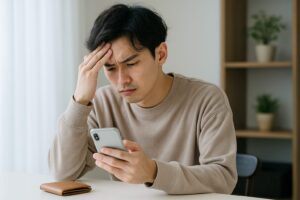 スマートフォンを見ながら考え込む男性。手元には財布が置かれ、支払い方法に悩んでいる様子