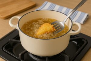 ホーロー鍋で揚げ物をしている様子。油の中で揚げられた衣付きの食材と金属製フライ返し