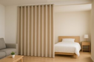 カーテンで空間を仕切ったシンプルなリビングとベッドルームの室内
