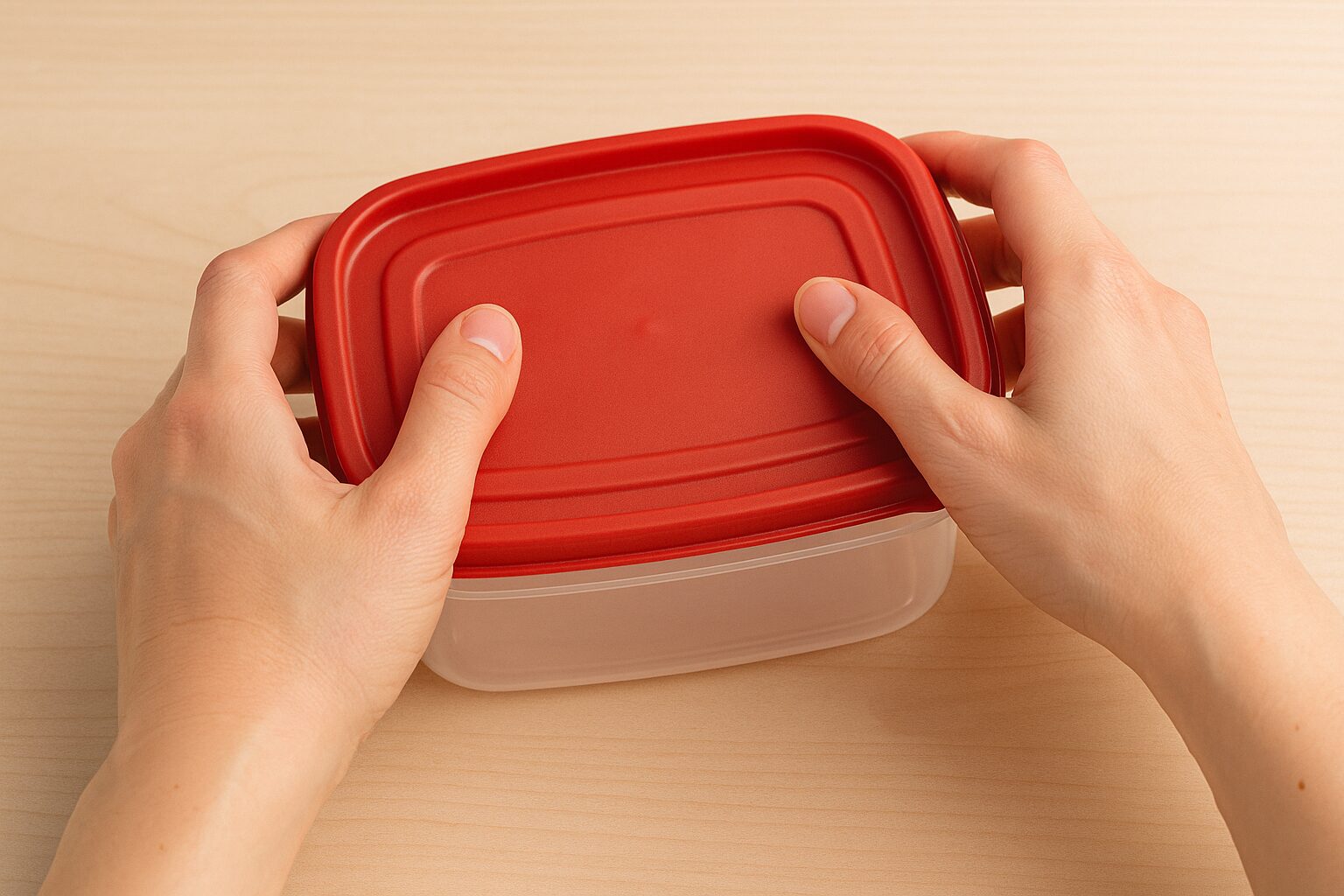 プラスチック容器の赤いフタを両手で開けようとしている様子