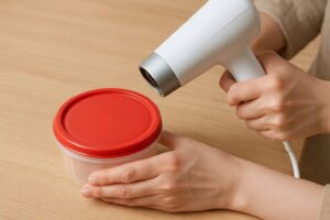 ドライヤーの温風をプラスチック容器のフタに当てている様子
