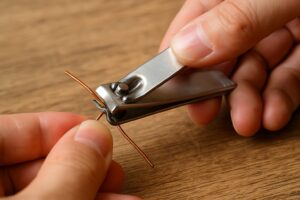 爪切りを使って細い銅線をカットしている手元の様子