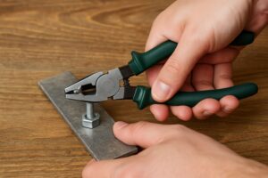 緑のハンドルのプライヤーでボルトにナットを締めている作業中の手元