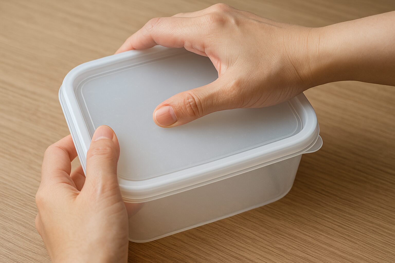 手でプラスチック製の保存容器のフタを慎重に開けようとしている様子