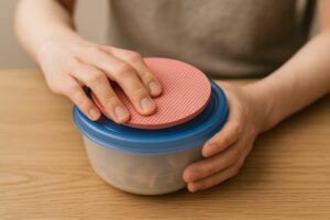 シリコン製の滑り止めオープナーを使ってプラスチック容器のフタを開けようとしている様子