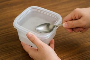 スプーンを使ってプラスチック容器のフタの隙間を少し持ち上げている様子