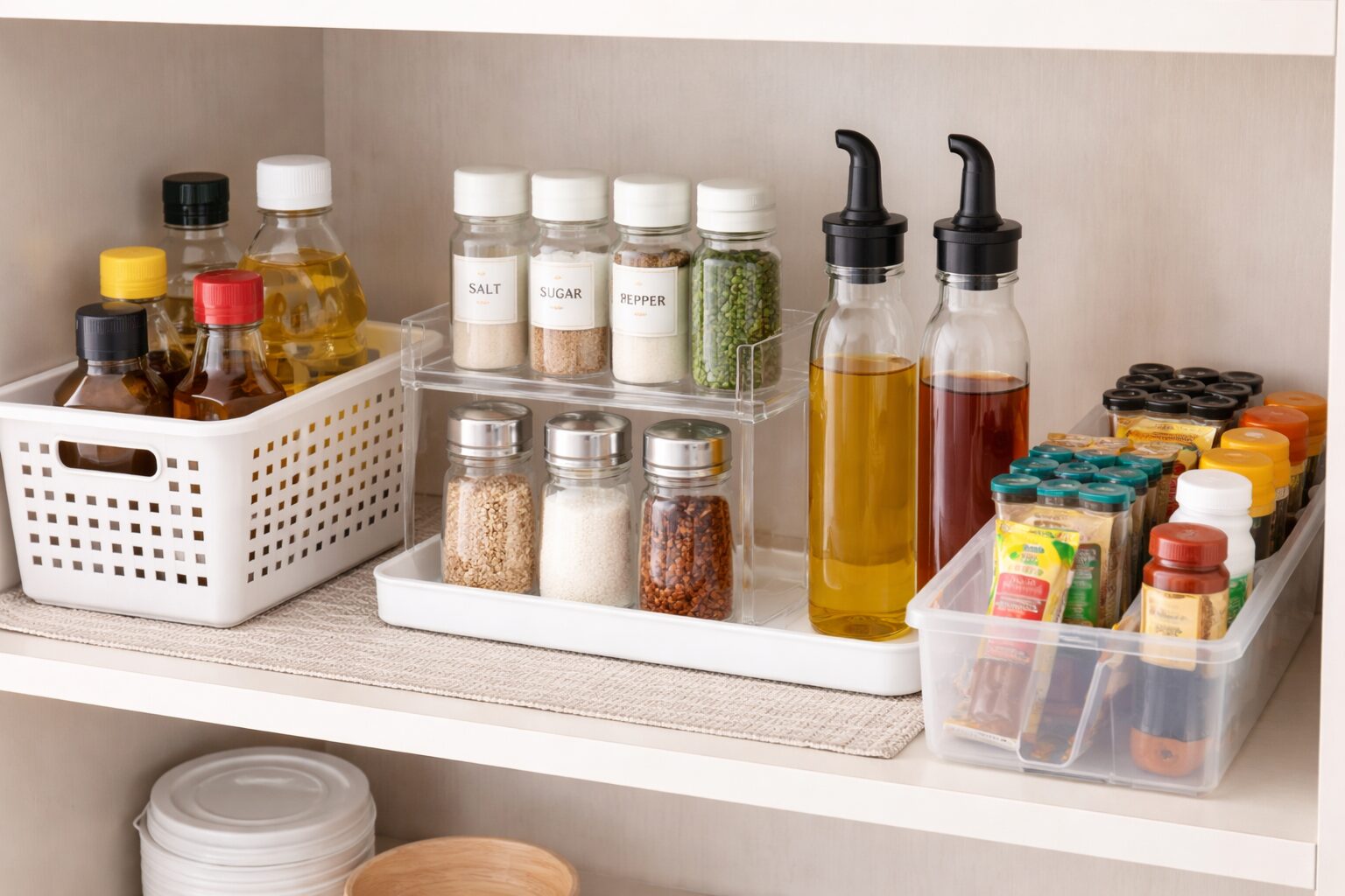 キッチン棚で調味料ボトルをケースに入れて整理している様子
