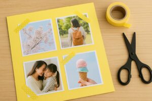 黄色い色紙に春や家族の写真をマスキングテープで丁寧に貼り付けたクラフトの様子