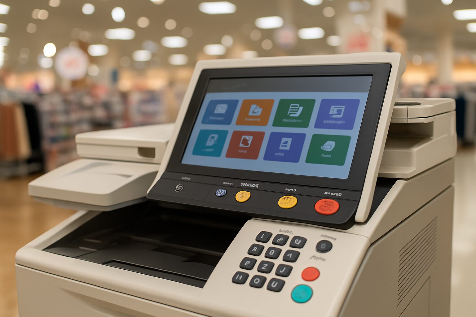 ショッピングセンター内に設置された多機能コピー機のタッチパネルと操作ボタンのクローズアップ