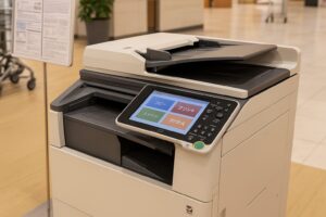 ショッピング施設内に設置された多機能コピー機の操作画面と給紙部のクローズアップ
