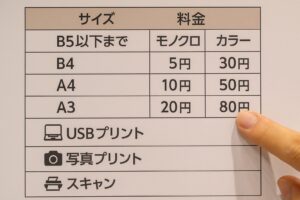 白地に印刷されたコピー機の料金表と、それを指差している指先のクローズアップ