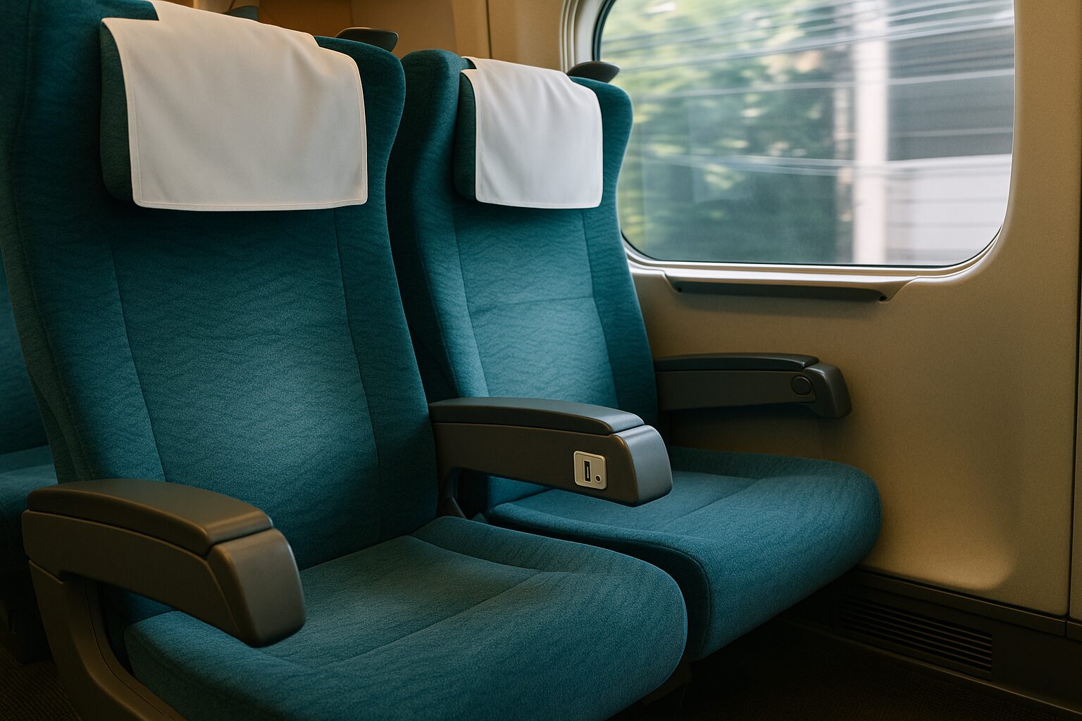 新幹線グリーン車の車内にある3列の座席。窓から光が差し込み、肘掛けにはコンセントが設置されている。