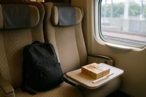 新幹線グリーン車の座席に置かれた駅弁と黒いリュック、窓から光が差し込む様子