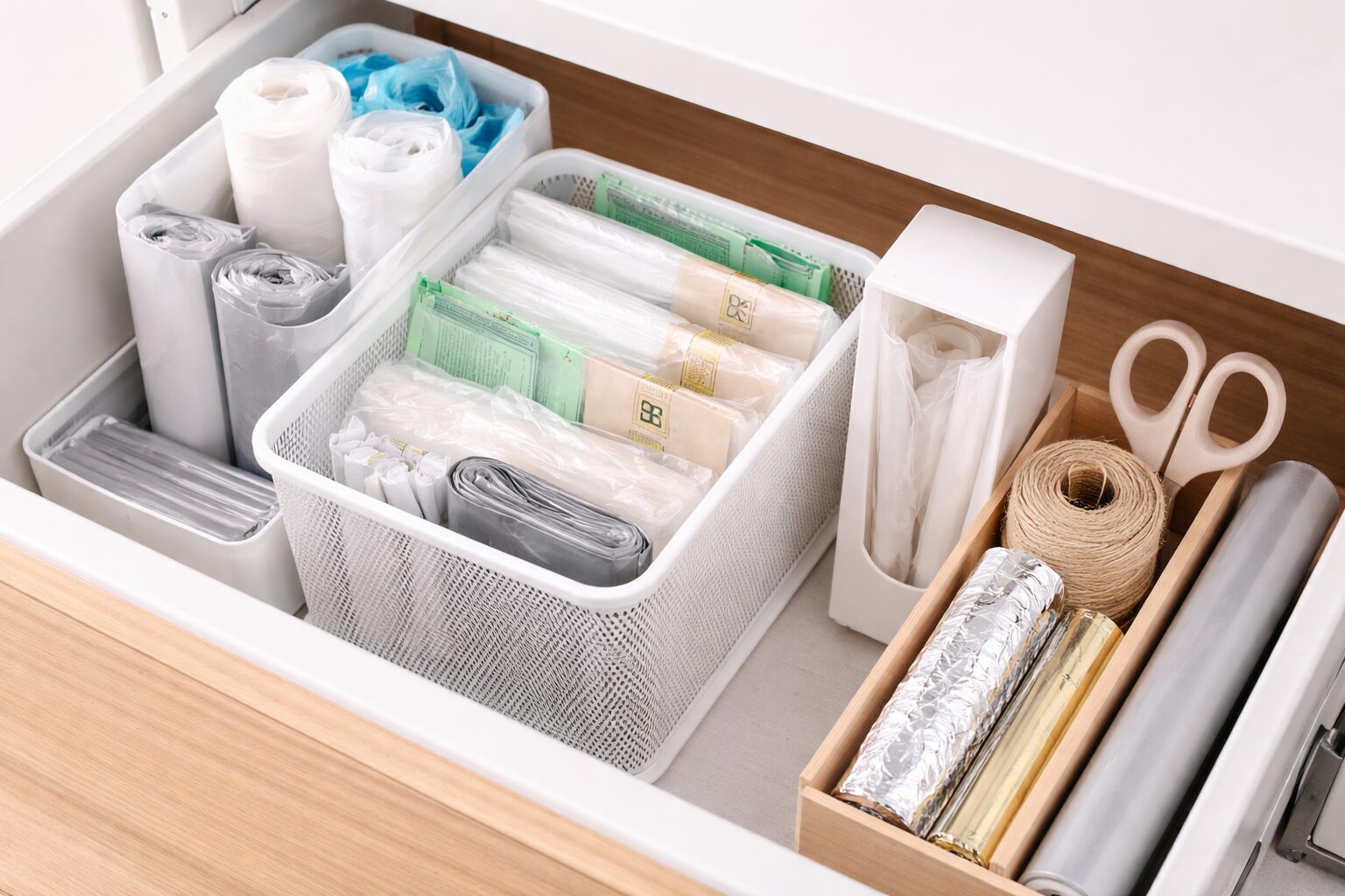 キッチンの引き出しでゴミ袋やレジ袋をケースに立てて整理している様子