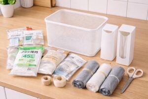 キッチンカウンターでゴミ袋や収納ケースを整えて準備している様子