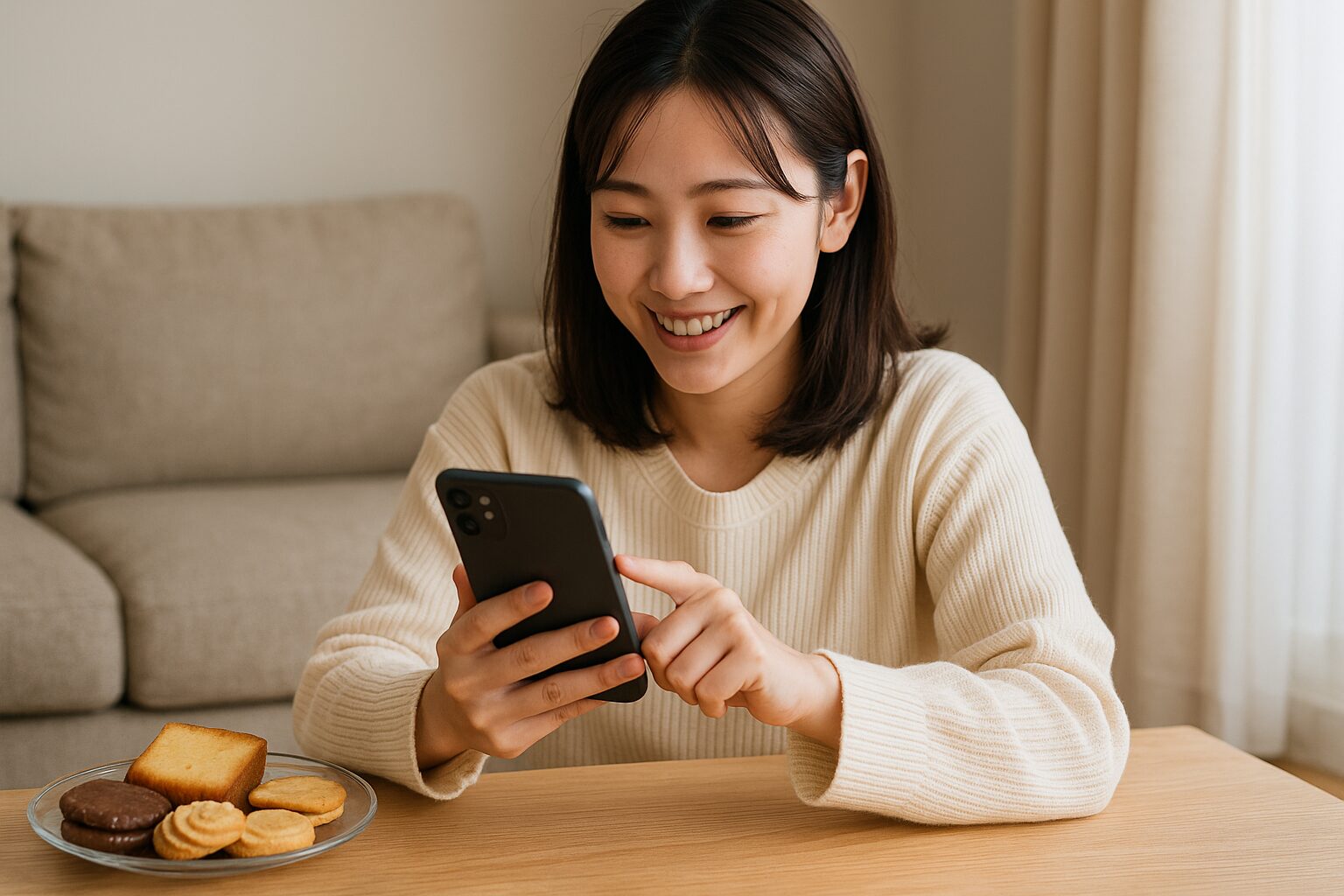 スマートフォンを操作しながら笑顔を見せる若い女性。テーブルにはクッキーやパウンドケーキなどのお菓子が並び、柔らかな日差しが差し込む室内でリラックスした雰囲気。