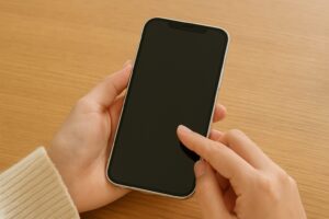スマートフォンを操作する手元の様子。木目のテーブルにスマホを置き、シンプルなクリーム色のセーターを着た手が、画面に優しく触れている。
