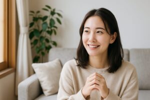 日差しが差し込むリビングで、微笑みながら手を組む若い女性の様子。リラックスした柔らかい雰囲気。