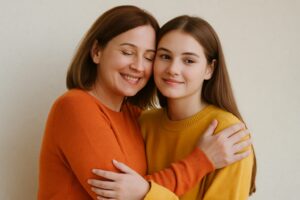 オレンジ色と黄色のセーターを着た母親と娘が、優しく抱き合いながら微笑む様子。温かい親子の絆を感じるシーン。