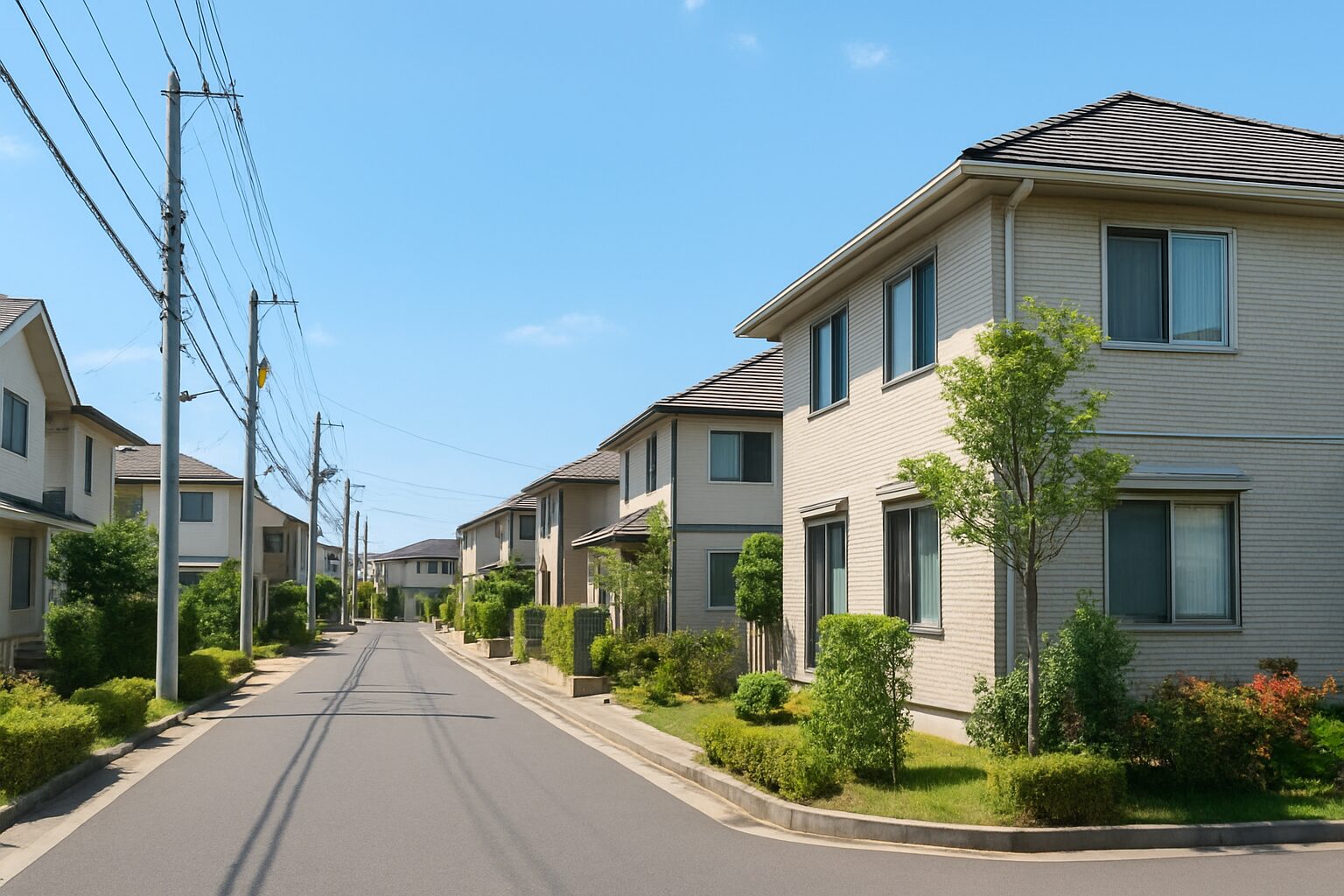 晴天の下、整然とした住宅街の通りが続く日本の郊外エリア。両側に立ち並ぶ現代的な二階建て住宅と緑豊かな植え込みが、静かで落ち着いた街並みを形成している。