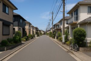 晴れた日中に撮影された静かな日本の郊外の住宅街。整然と並んだ二階建て住宅と、人気のない広い道路が、落ち着いた生活環境を表している。