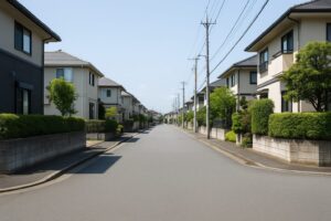 静かな住宅街の一角を写した日中の風景。両側に整然と並ぶ家々と手入れされた植栽が、落ち着いた暮らしやすさを感じさせる。