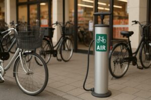 店舗前の駐輪場に設置された無料の自転車用空気入れポンプと停められた自転車の様子