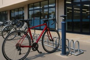 店舗前の駐輪場に停められた赤い自転車と設置された公共用の自転車空気入れポンプ