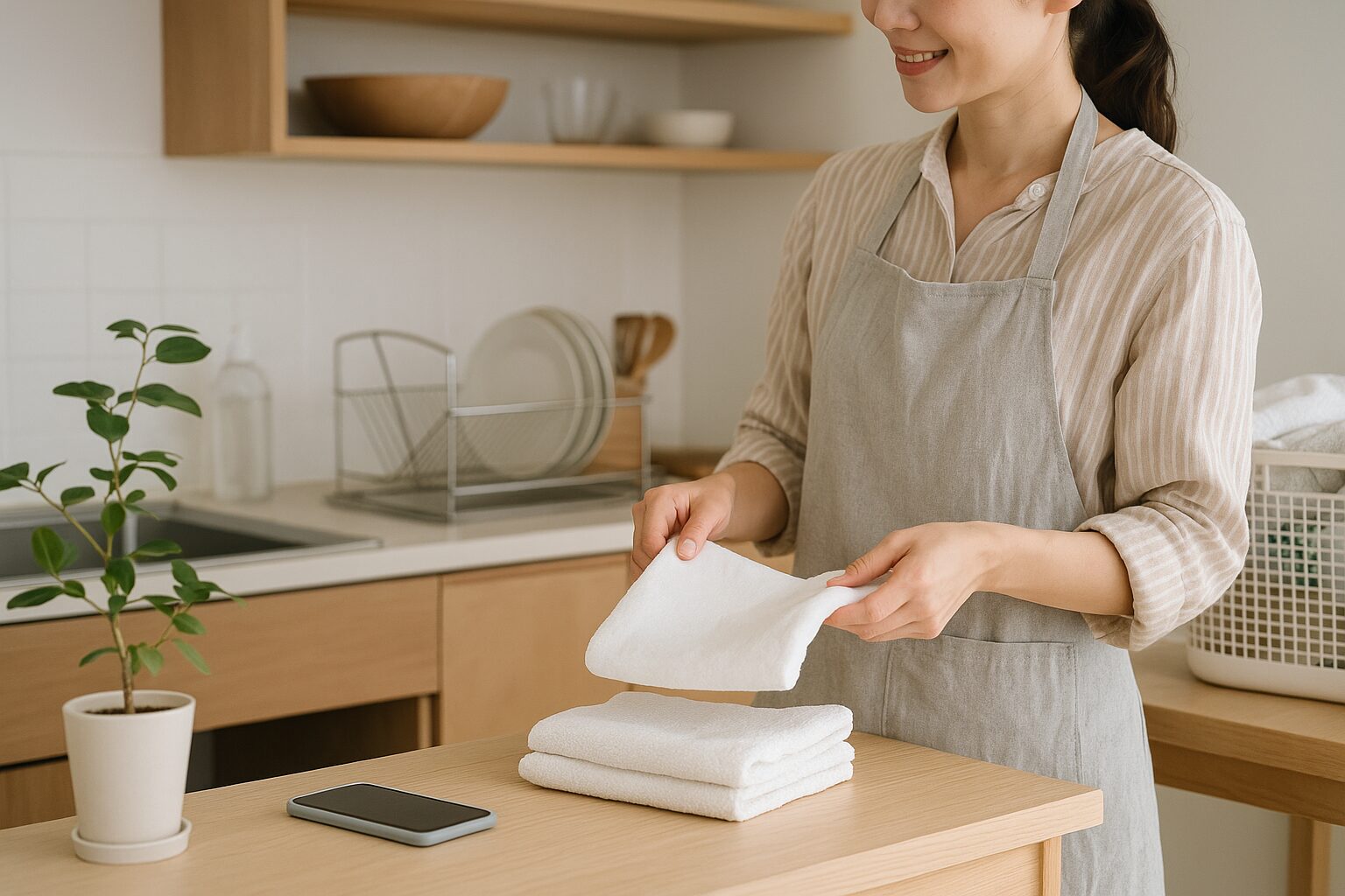 明るいキッチンで、エプロンを着た女性が白いタオルを丁寧にたたんでいる様子。隣には洗濯かごと整えられた食器棚があり、整った暮らしを感じさせる風景。