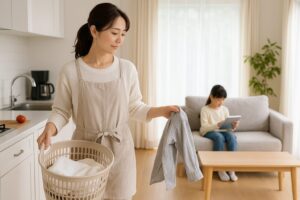 洗濯物を手にした女性が、リビングでくつろぐ子どもを見守りながら家事をこなしている様子。自然光が差し込む明るい室内で、名もなき家事を象徴する穏やかな一場面。
