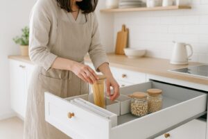白を基調としたキッチンで、引き出し収納にパスタや豆類を整理している女性の手元。整った収納が、家事の時短や手間の軽減に役立つ様子を表している。