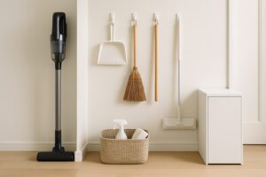 壁に掃除道具を吊るし、足元には収納ボックスとスプレー類を入れたかごが置かれた、見た目も使い勝手も意識した掃除道具の収納例。