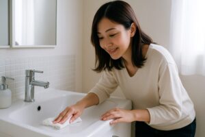 白を基調とした洗面所で、ショートヘアの女性が洗面ボウルの縁を布で丁寧に拭いている様子。すっきりした洗面スペースで、気づいたときに掃除を取り入れる“ながら掃除”の一例を表している。