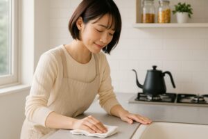 ナチュラルな雰囲気の洗面所で、若い女性が白いスプレーボトルを手に取り、鏡の前に置かれた布製ボックスやバスケットの収納を整えている様子。