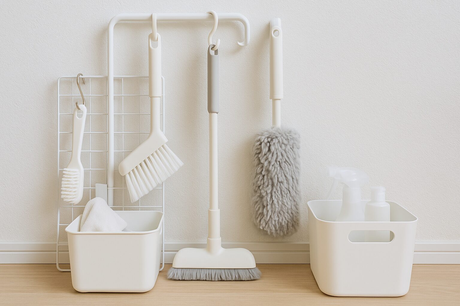 清掃用具や収納グッズが整然と並んだ室内の一角。壁面や棚を活用して掃除道具が効率よく配置されている様子が写されている。