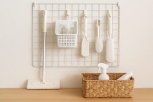壁に取り付けたワイヤーネットに掃除道具を吊るして整理している様子