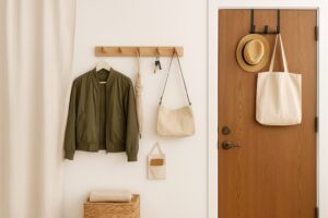 玄関ドアとその周辺にフックやドアフックを使ってバッグや帽子を吊るした収納例。隣にはカーテンで仕切られたスペースと収納かごが見える。
