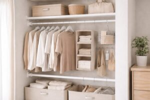 突っ張り棒を使ってクローゼット内に収納スペースを増やした例