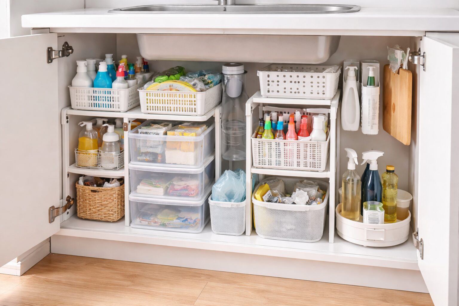 100均の収納グッズでシンク下を整理整頓している様子